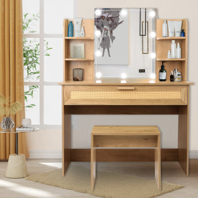 Vanity Desk Set Stool,Small Makeup Vanity With LED Lighting Mirror And Rattan Drawer -  Ebern Designs, C93E9DD07432406BA4CC07CE4EA8A809