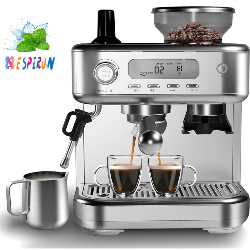 Machine With Grinder Espresso Maker With Powerful Milk Frother, Lcd Display,stainless Steel Coffee Maker