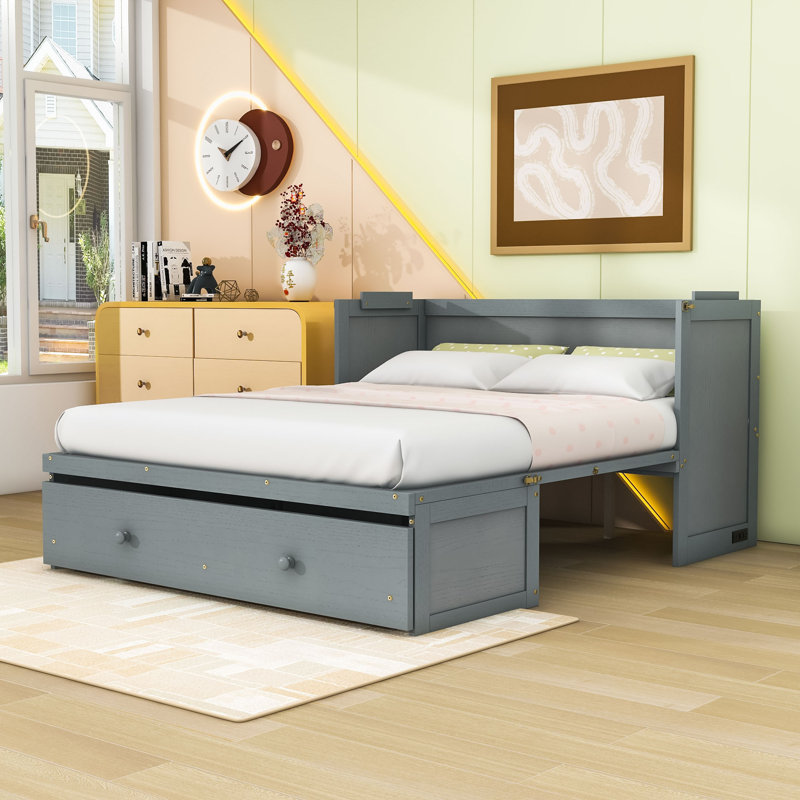 Lit escamotable 1 tiroir en bois avec ports USB, gris, Grand