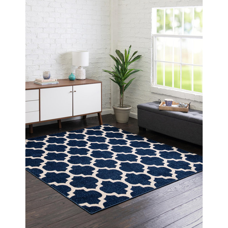 Tapis géométrique bleu foncé / ivoire Ruri, Carré 7 pi 10 po
