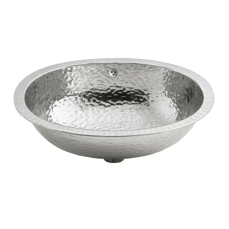 Whitehaus Decorative 18" Oval Undermount Lavatory Basin With Hammered Textured Surface And Overflow, Polished Stainless Steel