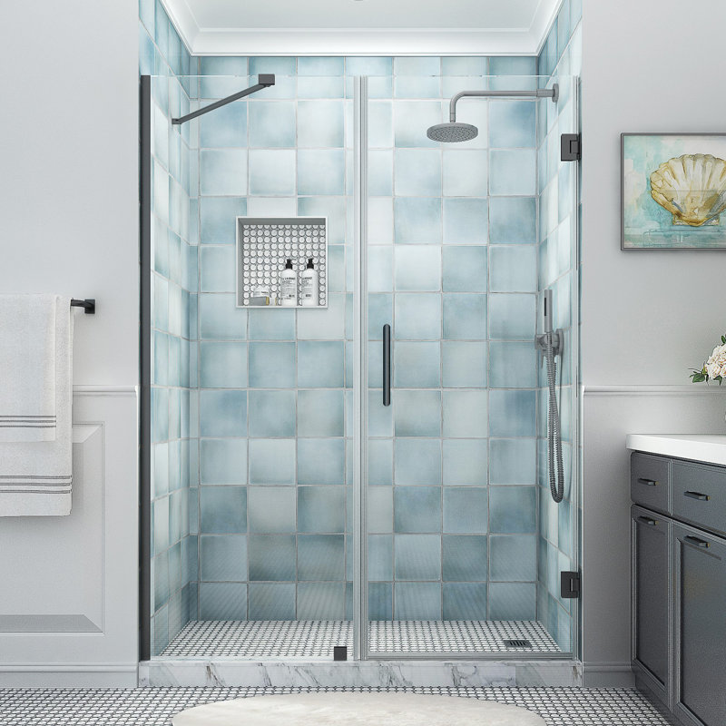 Belmore XL 64.25 - 65.25 in. x 80 in. Frameless Hinged Shower Door with Ultra-Bright Glass, Matte Black, Clear Glass