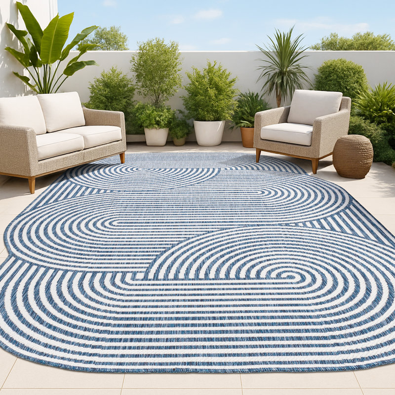 Tapis intérieur / extérieur crème / bleu marine à rayures géométriques Octaviah, Nouveauté 7 pi 9 po x 10 pi