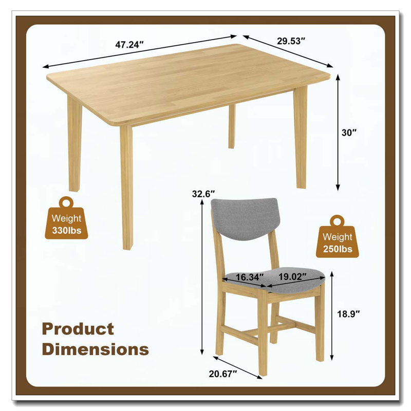 Ensemble de salle à manger 5 pièces - 1 table en bois massif + 4 chaises rembourrées, Naturel