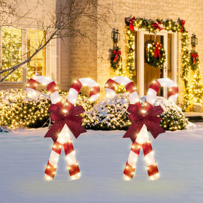 Décorations de canne de Noël rouges et blanches avec cadre en fer, décorations de lumière de jardin de Noël, 50 lumières blanches chaudes pré-éclairées à DEL, décorations de canne de Noël, paquet de un / paquet de deux
