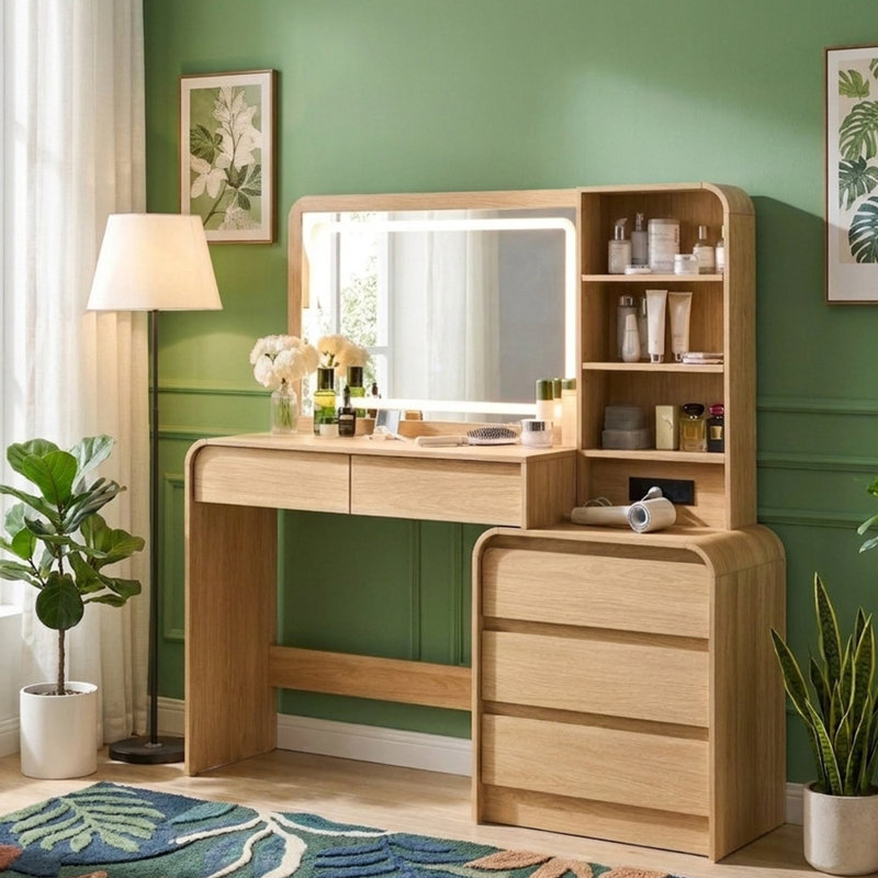 Grand meuble-lavabo moderne l 55 po avec 5 tiroirs et tablettes réglables, miroir lumineux à DEL et prises de courant pour la chambre à coucher
