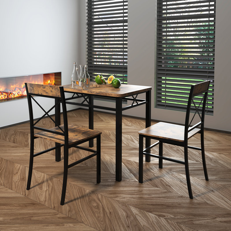 Ensemble de table de salle à manger compact brun rustique pour 2 personnes | Table de cuisine en bois et acier avec chaises | Ensemble de coin-repas pour petit espace