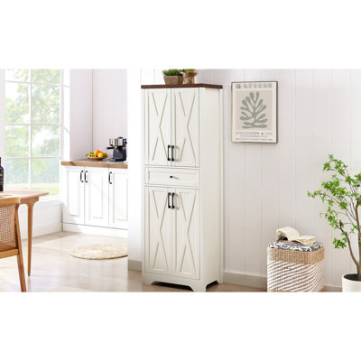 Buffet 68 po pour diverses occasions. Meuble télé multifonctionnel avec beaucoup de rangement. L 23,7 po x l 15,0 po x H 68 po. Composition blanche et noyer. Présentoirs compatibles de 60 à 69 po. Fabriqué par panneau de particules +