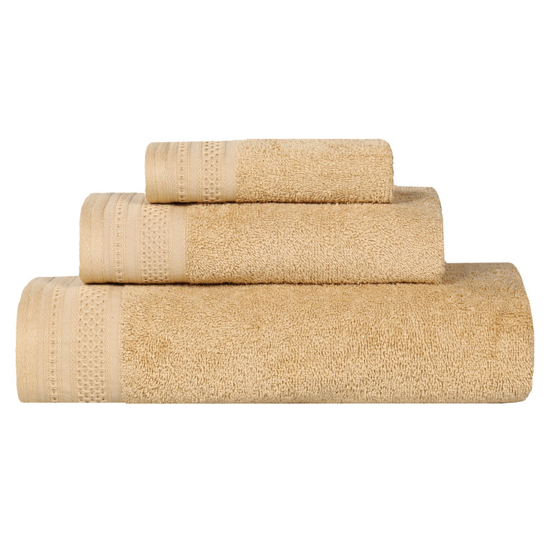 Honeycomb Textured Waffle Border Cotton Medium Weight 3 Piece Towel Set, Gold
