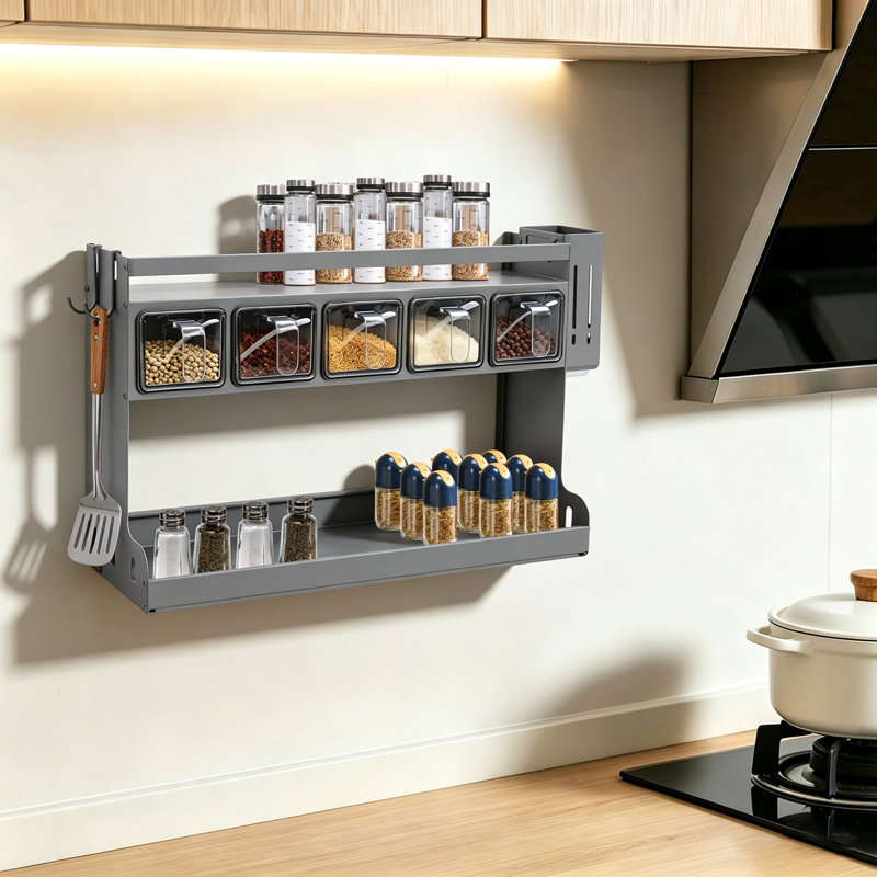 Étagère à épices à 3 niveaux avec 5 pots et porte-baguettes, fixation murale/organisateur de comptoir, antirouille