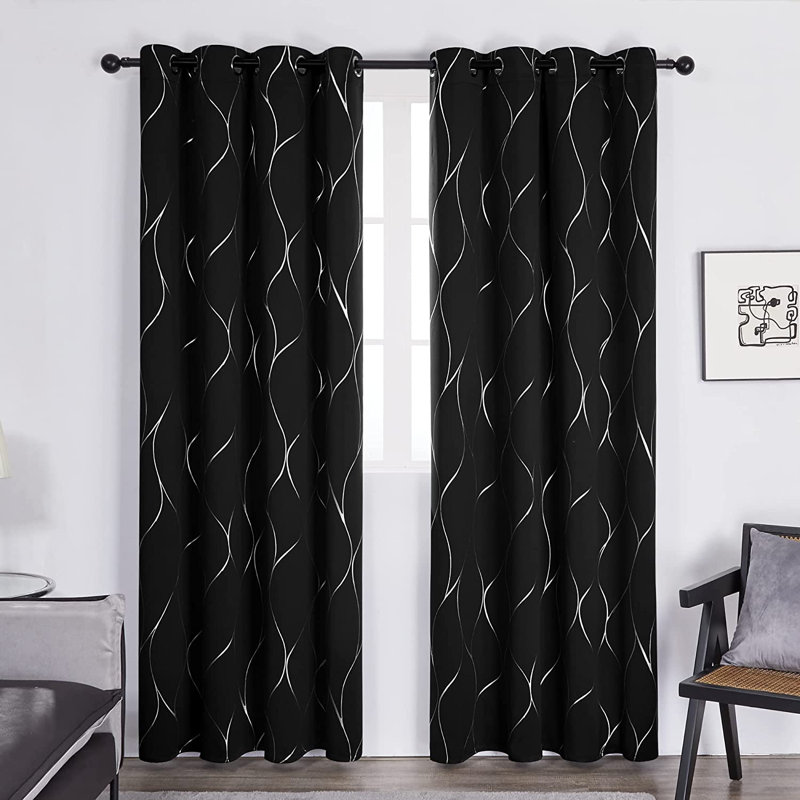 Kellda Thermal Room Darkening Polyester Curtain Panels, Black, 52" W x 84" L