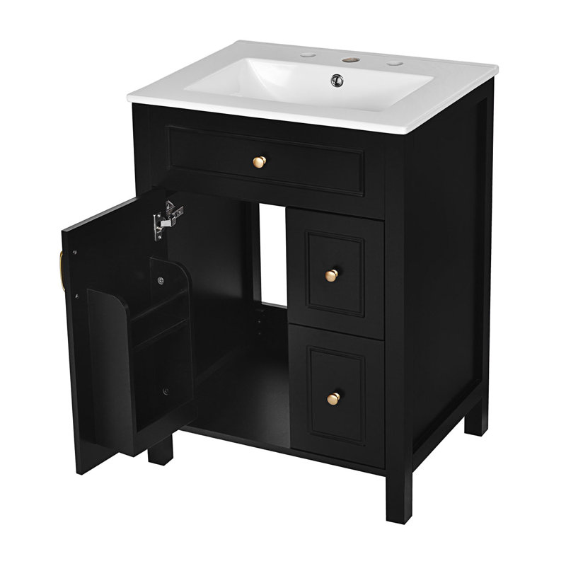 Meuble-lavabo de salle de bain avec lavabo en céramique, 1 porte à fermeture douce, armoire de rangement avec 2 tiroirs à fermeture douce