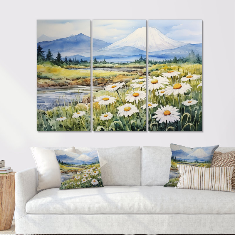 Marguerite blanche fleur dans un paysage de montagne - ensemble de décorations murales marguerites, Toile tendue