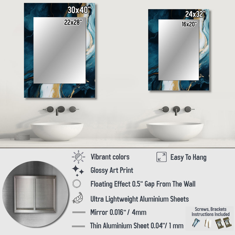 Or et bleu, peinture abstraite en marbre I - miroir en marbre, miroir mural décoratif moderne, impression d'art en métal