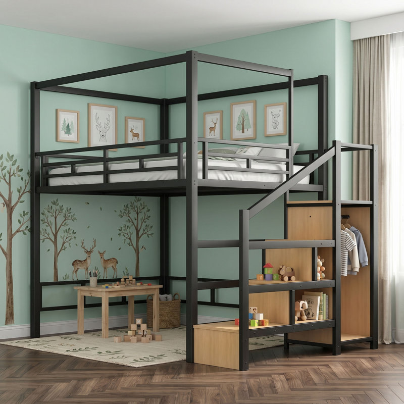 Lit mezzanine avec escalier de rangement et garde-robe, Lit double