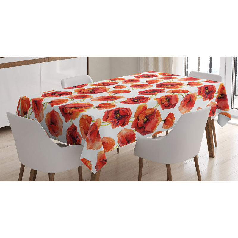 Flower Tablecloth, Floral Pattern With Poppies Print Design Style Artwork Grassland Print, Rectangular Table Cover For Dining Room Kitchen Decor, 52" X 70", Red Scarlet And White