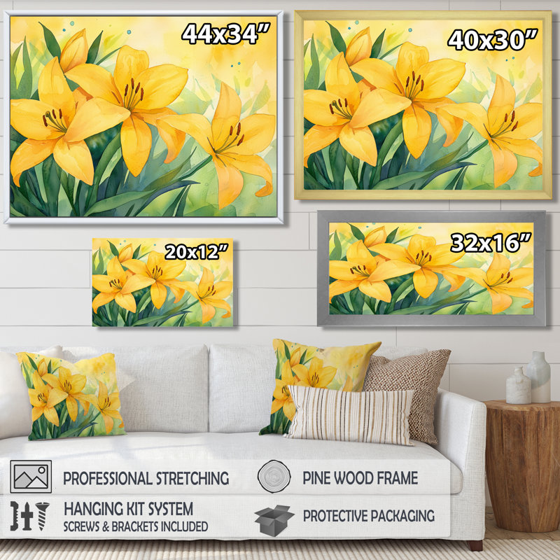 «Yellow Lillies Gardens In Meadow III», reproduction sur toile, H 34 po x l 44 po, Toile tendue, Ne s’applique pas