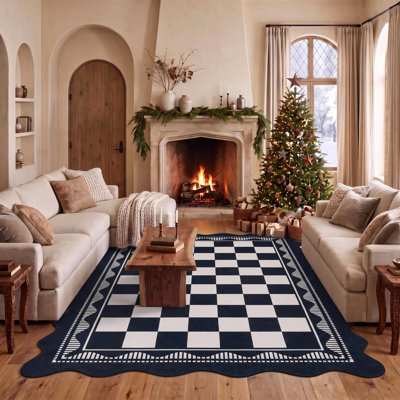 Tapis de Noël à carreaux avec bordure ondulée festonnée
