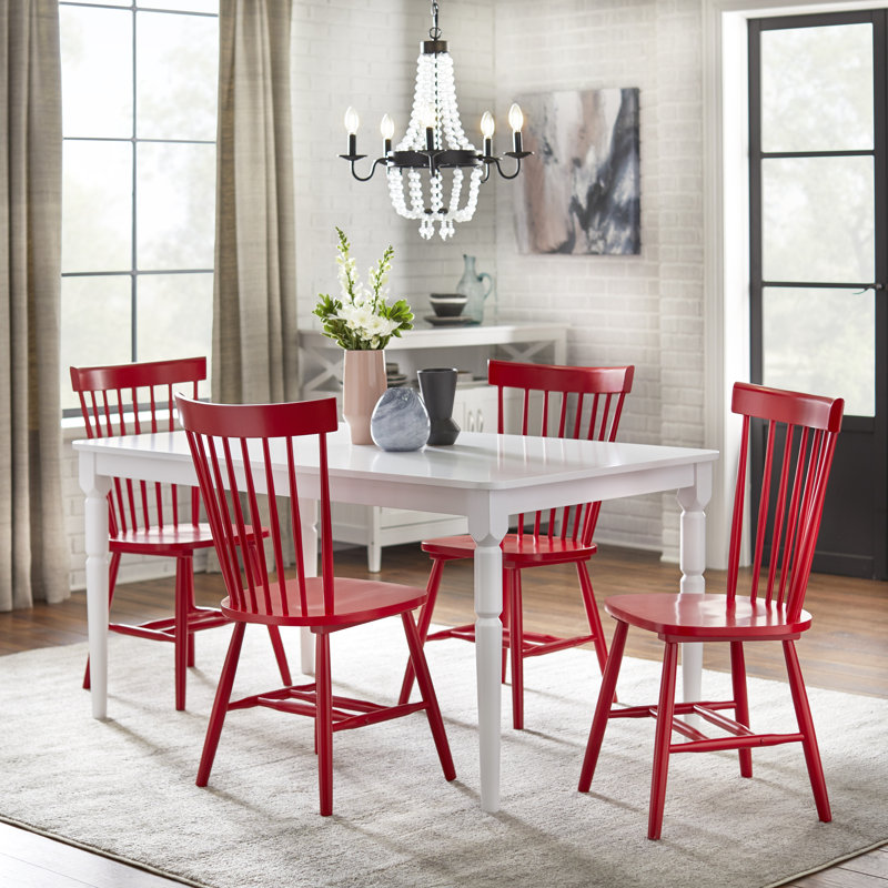 Ensemble de salle à manger en bois massif Toccoa, Table blanche avec chaises rouges, 5 pièces : 1 table, 4 chaises