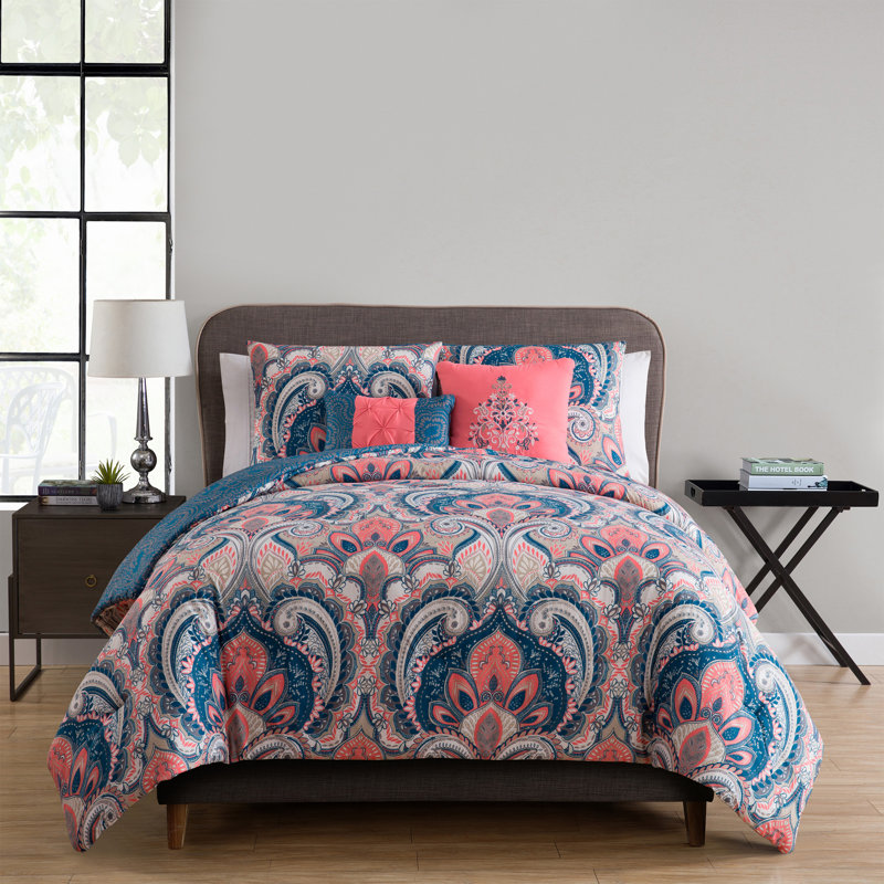 Full Coral Microfiber Reversible Comforter Set with Decorative Pillows