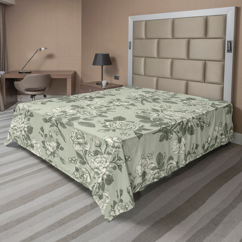 Ambesonne Top Flat Sheet Curving Art, King Flat Sheet, Sage Green Floral