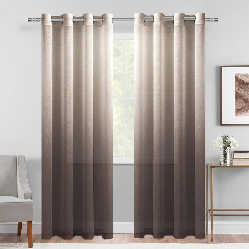 2 Panels Ombre Sheer Curtains - Faux Linen Gradient Semi Voile Grommet Top Drapes for Bedroom and Living Room Decor