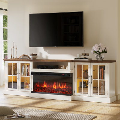 98" Tv Stand With Electric Fireplace, Large Entertainment Center For Over 100" Tvs, Tv Console With Cable Holes, Adjustable Shelves & Glass Doors by Ivy Bronx