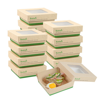 Restaurantware-13 Ounce Sturdy Paper Take Out Boxes, 200 Disposable Take Out Food Containers - With PLA lining, Paper Lid With Clear PLA Window, Bamboo Containers, Compostable, Greaseproof