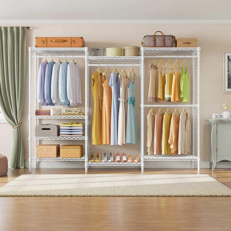 Grand portemanteau portatif pour garde-robe portable avec étagère de rangement, H 85,4 po x l 76,4 po x P 15,7 po, blanc