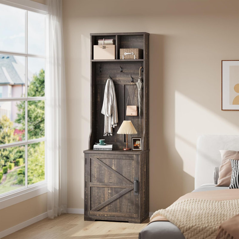 Arbre d'entrée autoportant avec rangement pour chaussures, 5 crochets et 2 casiers ouverts, portemanteau pour vestibule, vestibule, salon - blanc et brun foncé