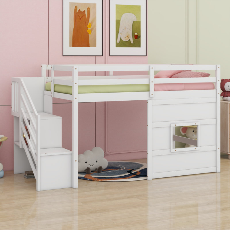 Loft Bed With Storage Staircase And Window, White