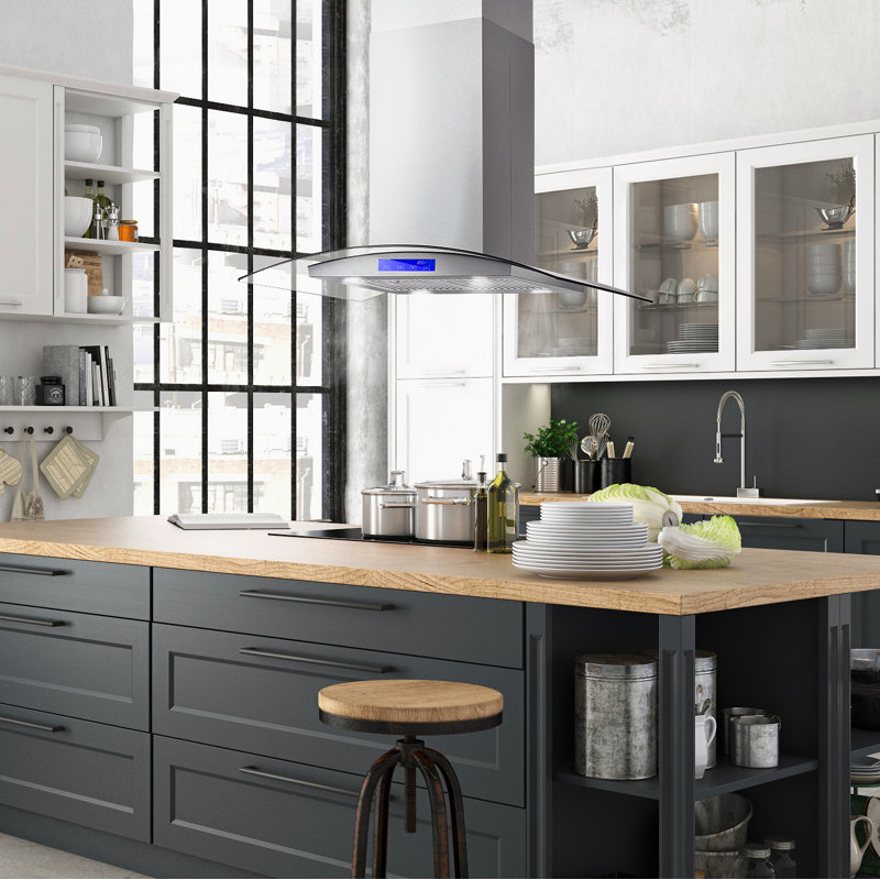 Cosmo 36 in. Lumin Collection Ducted Island Range Hood, Soft Touch Controls, Permanent Filters, LED Lights, Stainless Steel 668ICS Series