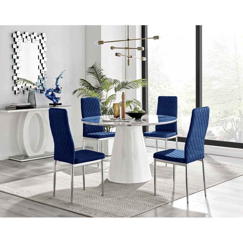Beca Statement Pedestal Round Dining Table Set & 4 Luxury Velvet Dining Chairs, Navy/Silver