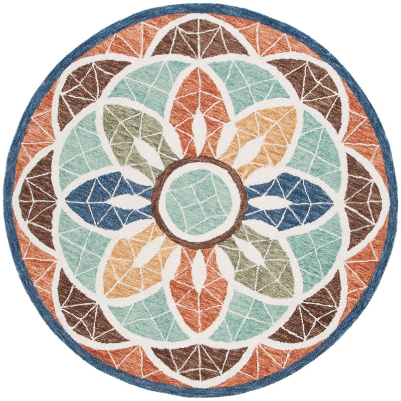 Shanoah Tufted Wool Cotton Floral Rug in Orange/Blue, Round 6'