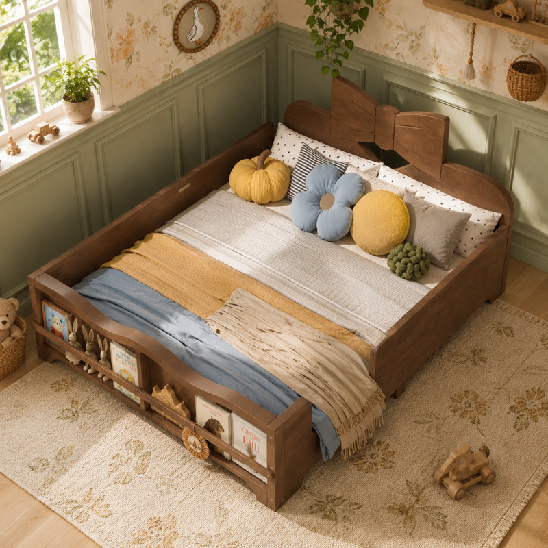 Structure de lit double en bois massif pour enfants avec tête de lit décorative Bowknot, garde-corps de sécurité ondulés et bibliothèque de pied de lit