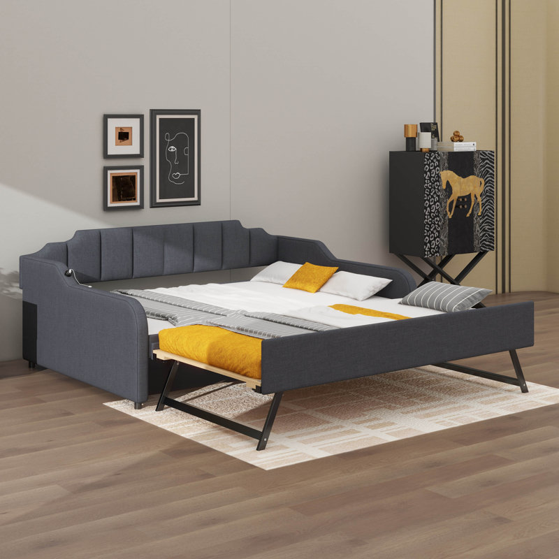 Full Size Upholstery Daybed With Trundle And USB Charging Design,Trundle Can Be Flat Or Erected