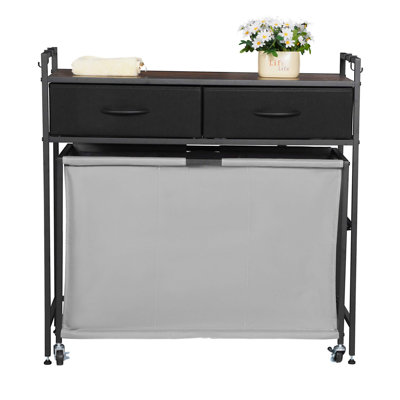Trieur de linge à 3 sections avec 2 tiroirs, crochets, roulettes et plateau de table en bois pour un tri et un rangement efficaces