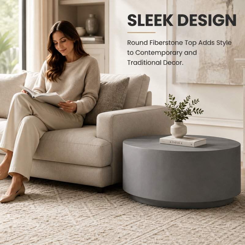 36" Modern Fiberstone Coffee Table - Round Stone Accent Center Table - All-Weather Indoor Outdoor Wide Patio Table, Gray