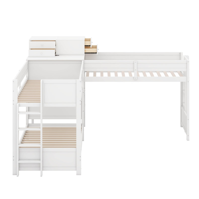Lit simple superposé en forme de L avec bureau et tiroirs de rangement, lit superposé peu encombrant avec ports USB, Blanc
