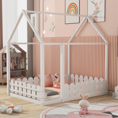 (Slats Are Not Included) Full Size Wood Bed House Bed Frame With Fence,For Kids,Teens,Girls,Boys (White )