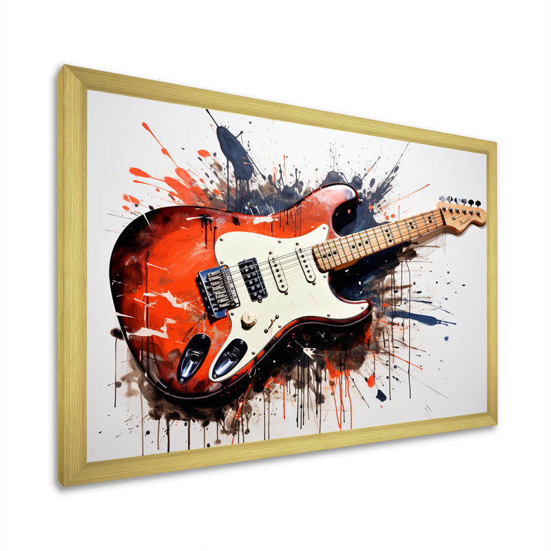«Red Fluid Brown», guitare, art mural, Cadre d'angle fermé doré, H 24 po x l 32 po x P 1 po