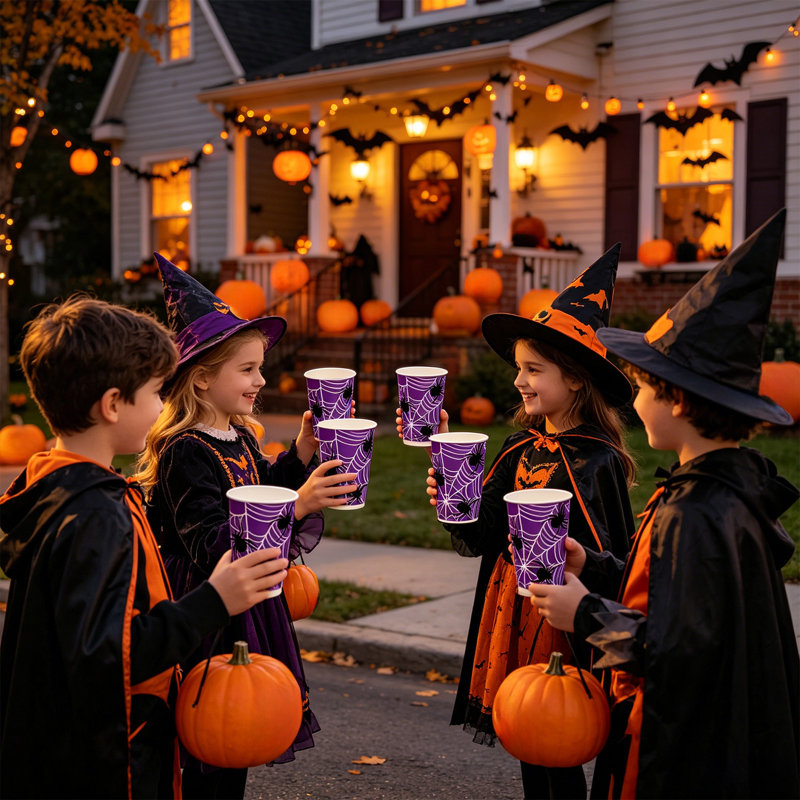Assiettes et gobelets jetables en papier Purple Web pour Halloween - Fournitures de fête pour les occasions festives