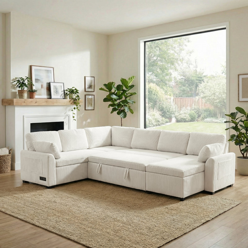 Canapé-lit modulaire rembourré 111 po avec méridienne réversible et ports USB Bastian, Velours côtelé beige