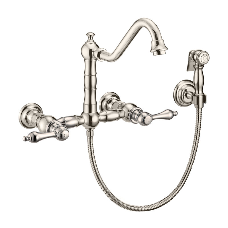 Whitehaus Wall Mount Faucet with Long Traditional Swivel Spout and Solid Brass Side Spray, Polished Nickel, Lever