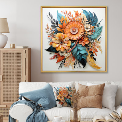 Fleurs de boho orange et plumes bleues sur toile
