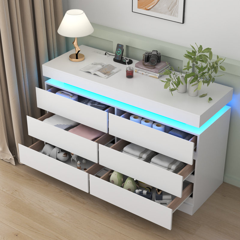 6 Drawer LED Dresser With Power Outlet, White