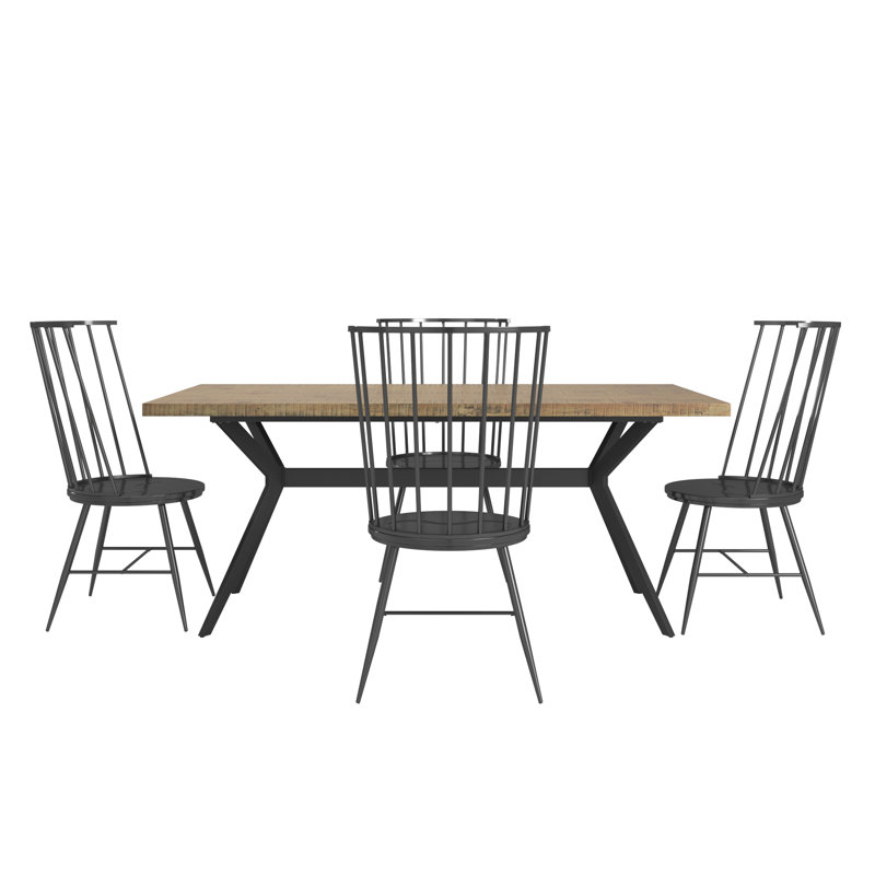 Bradfield 70" Iron Gray Metal Base Dining Table And High Back Windsor Chairs Set - Table And 4 Chairs, Black, Natural