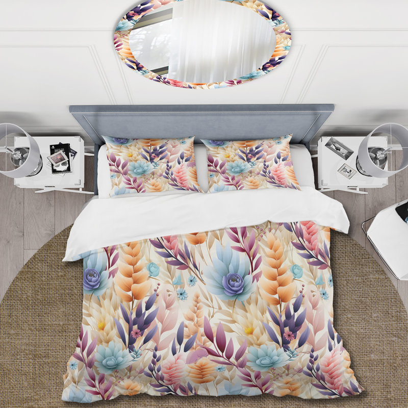 Pastel Bohemian Ferns Pattern Floral Duvet Cover, King Duvet Cover + 2 King Shams