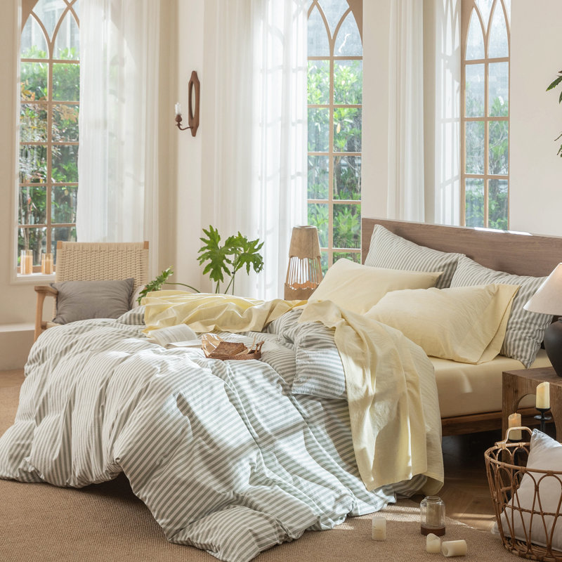 Ensemble de draps 100% coton délavé MooMee, Ensemble de draps pour très grand lit avec 2 taie, Jaune beurre