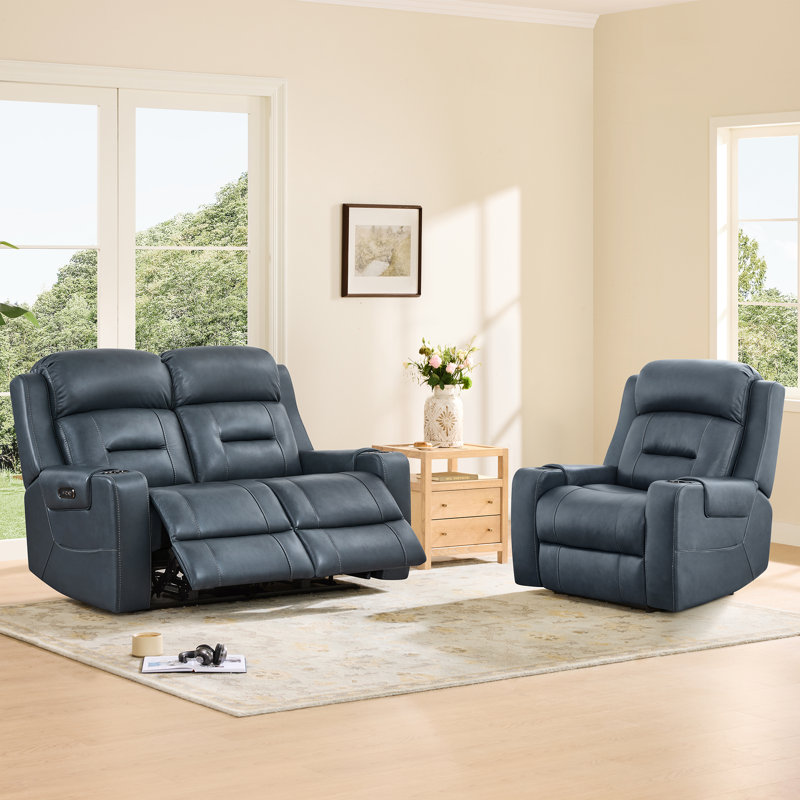 Olathe Genuine Leather Dual Motor Power Reclining Lay Flat Living Room Set With Power Headrest, Navy